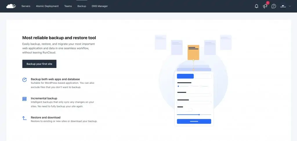 backing up the first website with RunCloud