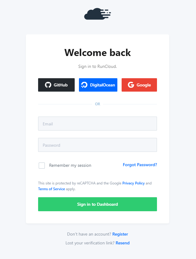RunCloud signup page