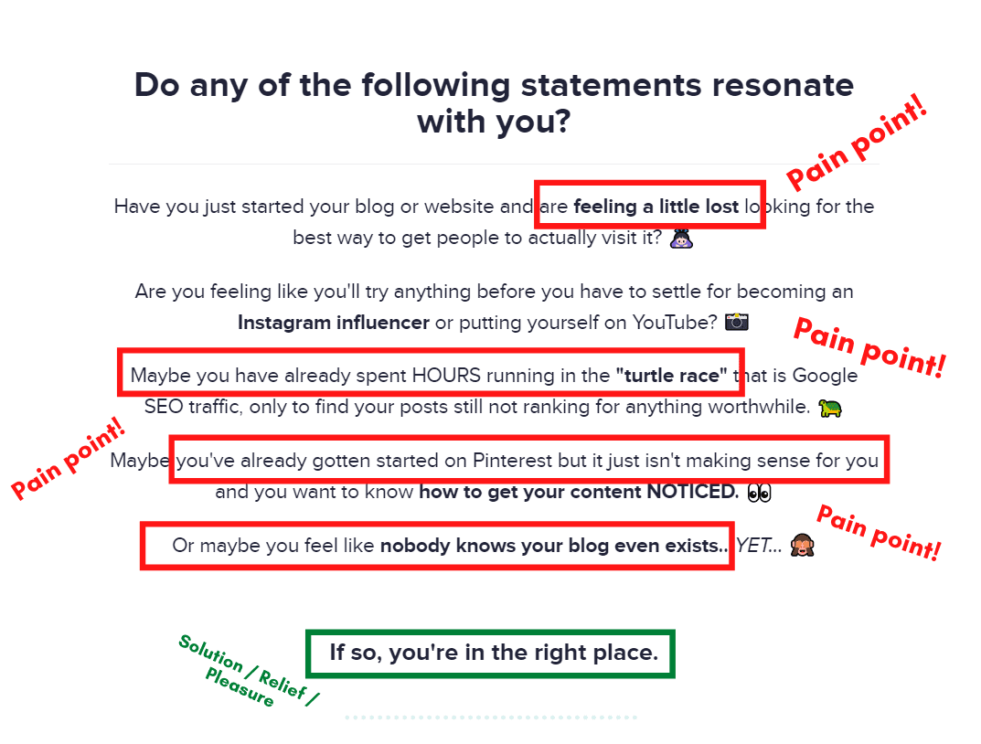course landing page example of pain points