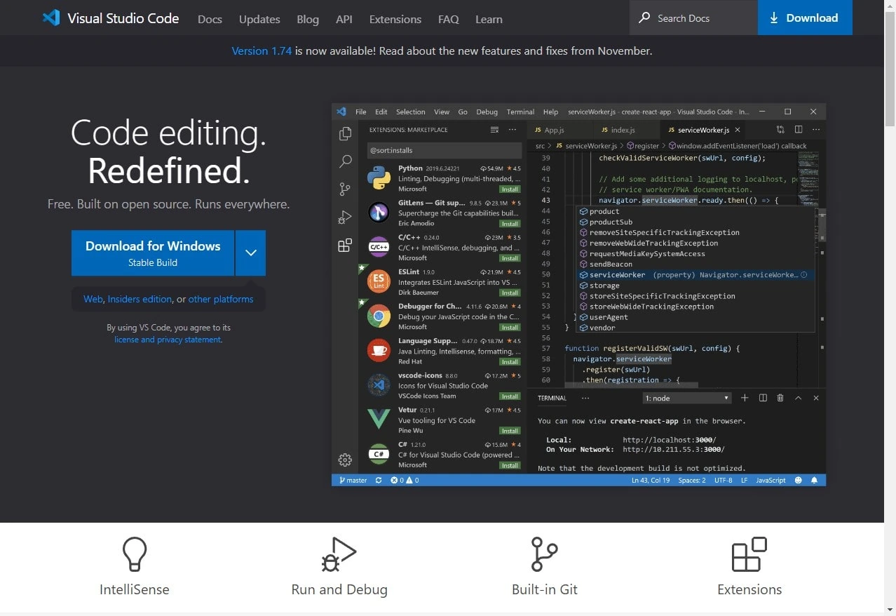 visual code studio interface and homepage